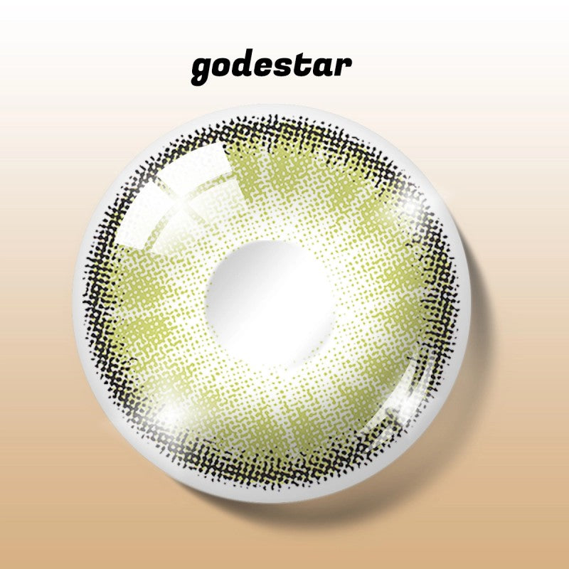 Detailed digital rendering of MIIEMO Matcha Bloom contact lens with godestar logo showing intricate green gradient ring