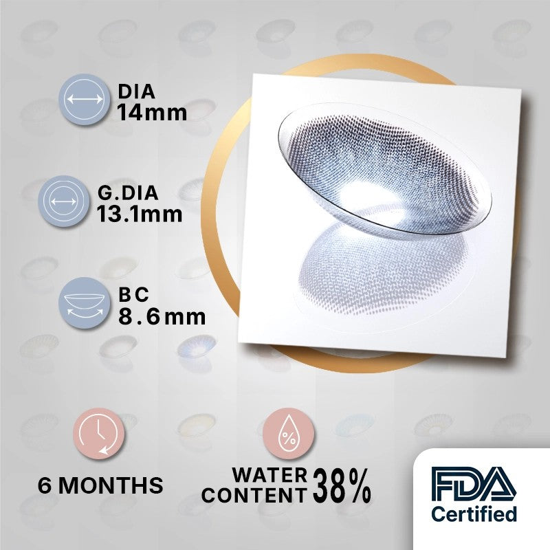 MIIEMO Cool Ash Gray product specifications infographic showing DIA 14mm, GDIA 13.1mm, BC 8.6mm, 6 months wear, 38 percent water content, FDA certified