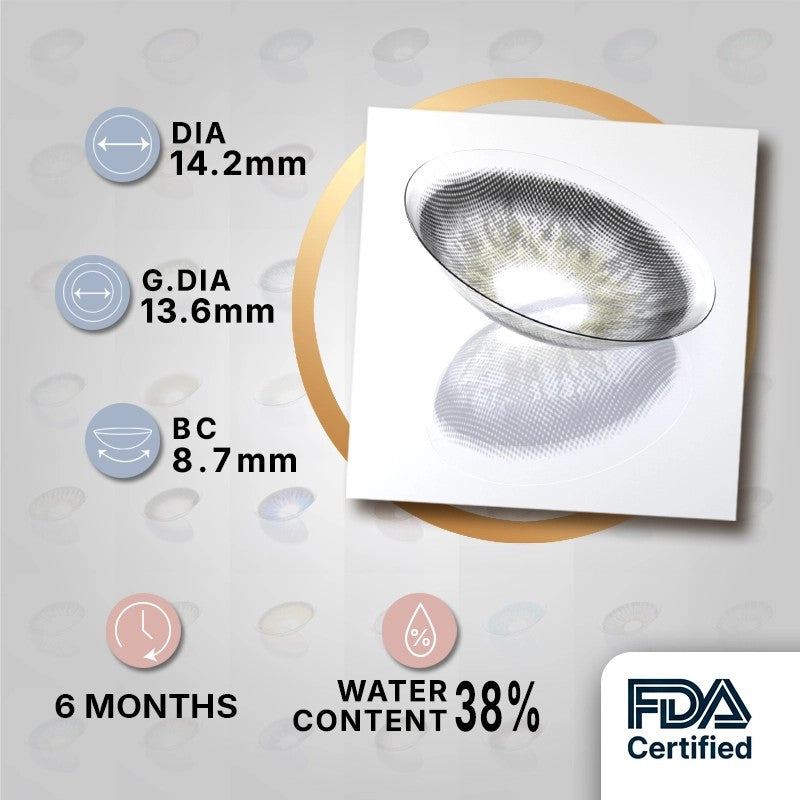 MIIEMO Dark Halo Brown product specifications infographic showing DIA 14.2mm, GDIA 13.6mm, BC 8.7mm, 6 months wear, 38 percent water content, FDA certified