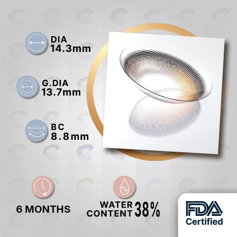 MIIEMO Caramel Glow product specifications infographic showing DIA 14.3mm, GDIA 13.7mm, BC 8.8mm, 6 months wear, 38 percent water content, FDA certified