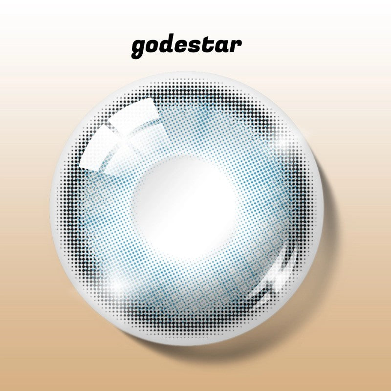 Detailed digital rendering of MIIEMO Aqua Drift contact lens with godestar logo showing intricate aqua blue iris pattern