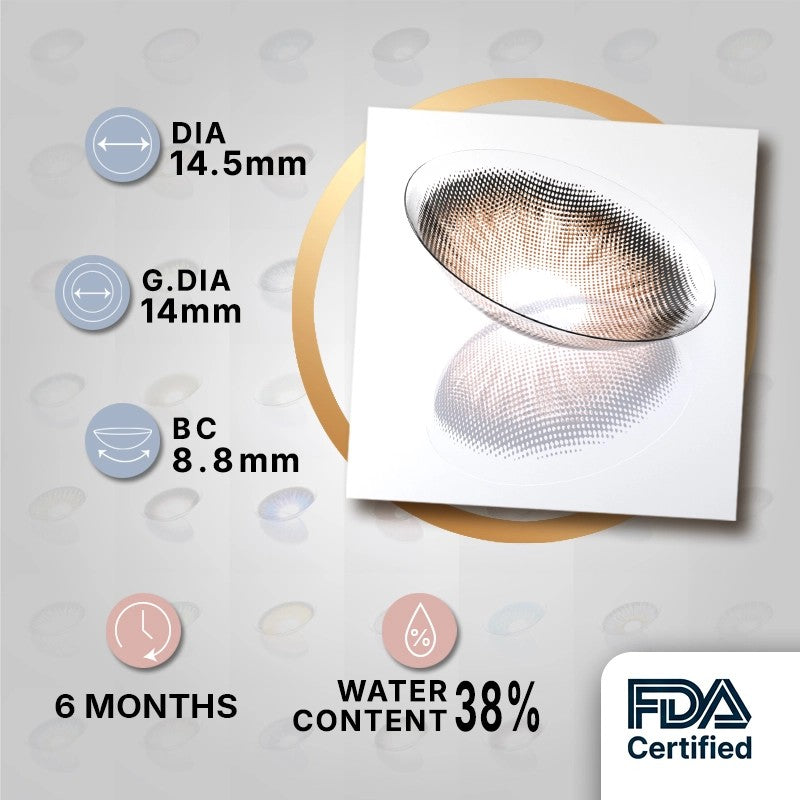 MIIEMO Warm Honey Brown product specifications infographic showing DIA 14.5mm, GDIA 14mm, BC 8.8mm, 6 months wear, 38 percent water content, FDA certified
