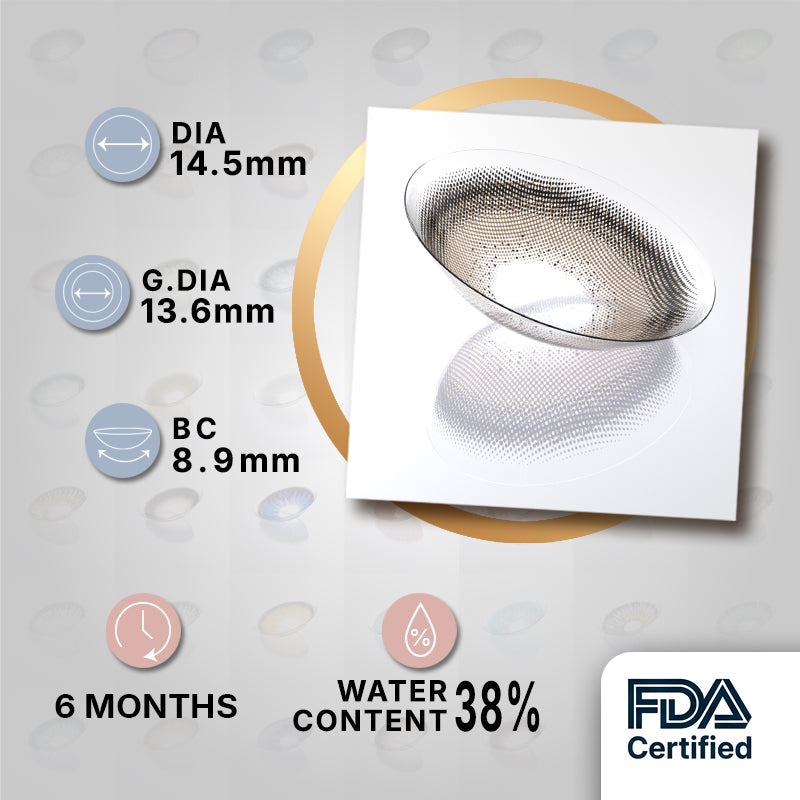 MIIEMO Cocoa Cloud product specifications infographic showing DIA 14.5mm, GDIA 13.6mm, BC 8.9mm, 6 months wear, 38 percent water content, FDA certified