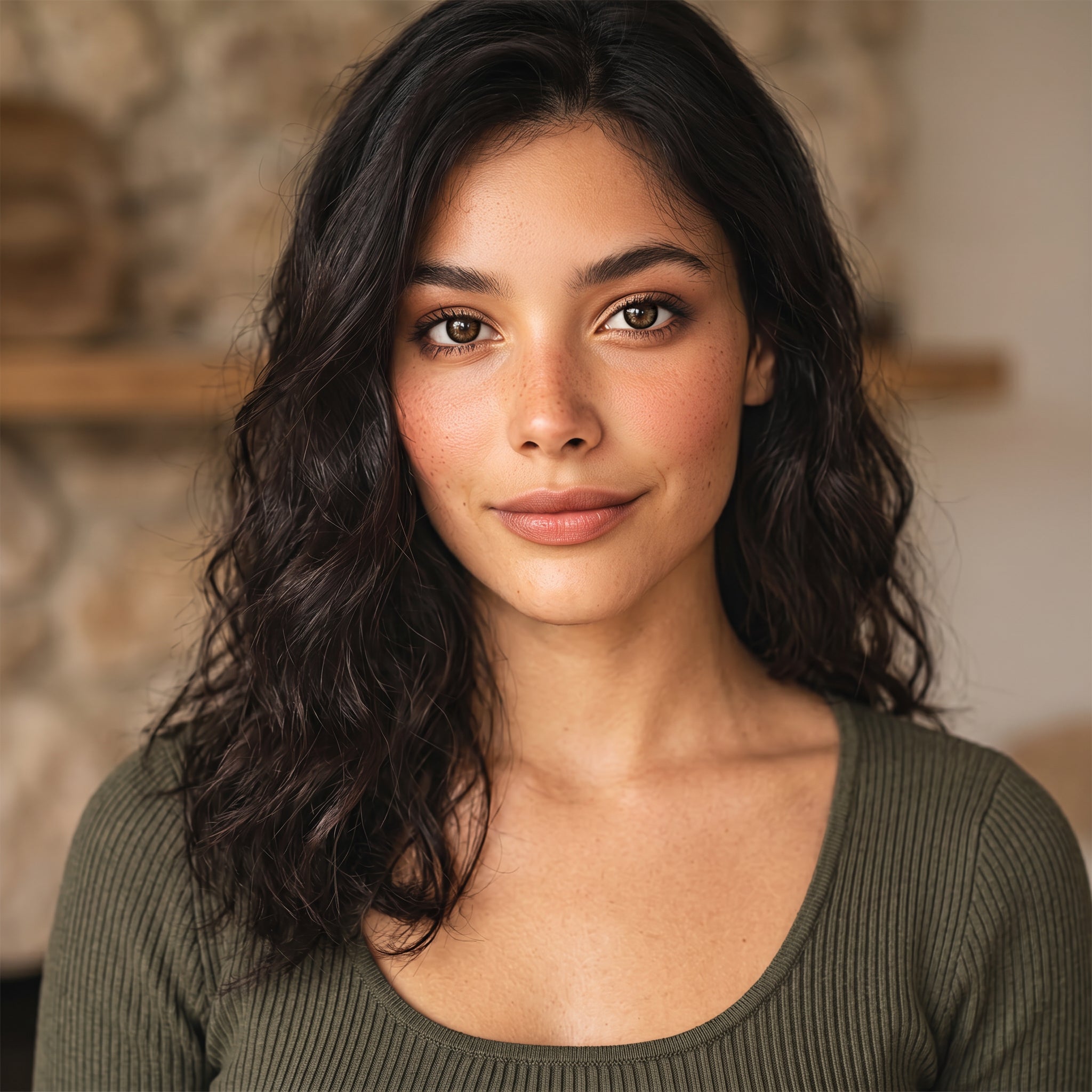 Gorgeous female model with soft warm makeup wearing MIIEMO Graphite Grey 6 month wear grey contacts