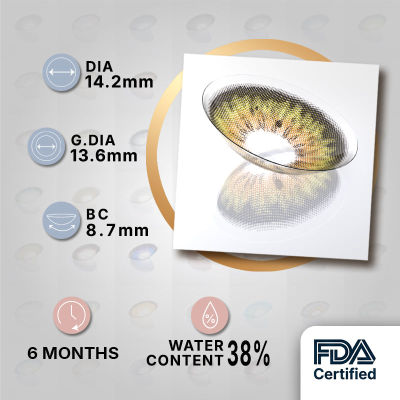 MIIEMO Halo Honey Brown Colored Contact Lenses – Natural Golden Brown Contacts for Dark Eyes | 6 Months-Godestar MIIEMO Halo Honey Brown product specifications infographic showing DIA 14.2mm, GDIA 13.6mm, BC 8.7mm, 6 months wear, 38 percent water content, FDA certified