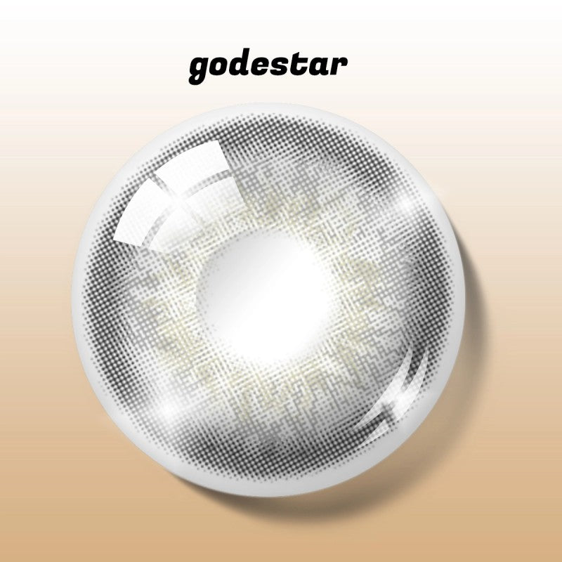 Detailed digital rendering of MIIEMO Dark Halo Brown contact lens with godestar logo showing subtle black brown shading