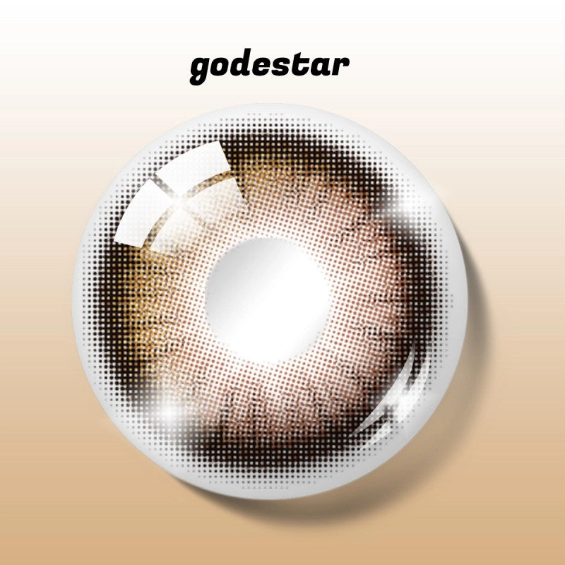 Detailed digital rendering of MIIEMO Classic Brown contact lens with godestar logo showing smooth chocolate brown gradient
