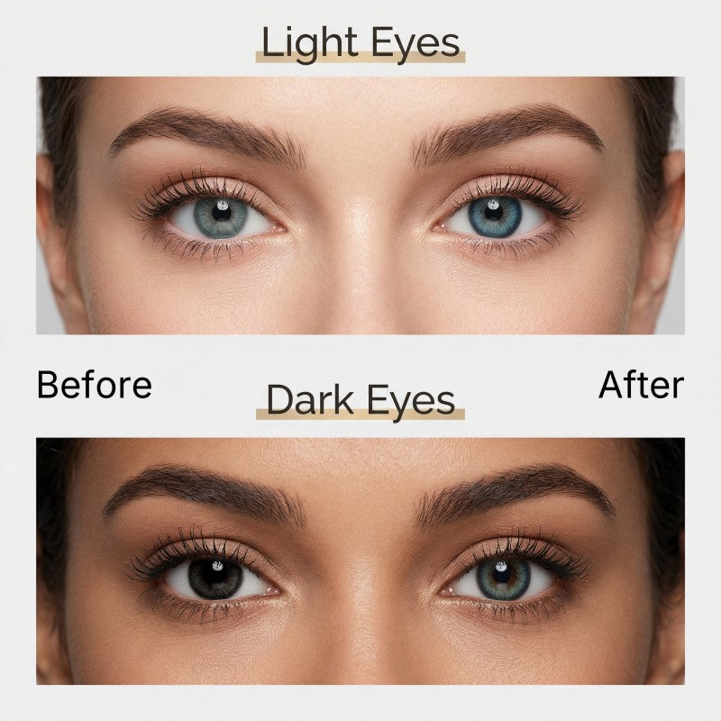 Before and after comparison of MIIEMO Ocean Mist Blue cosmetic lenses on naturally light eyes and dark eyes