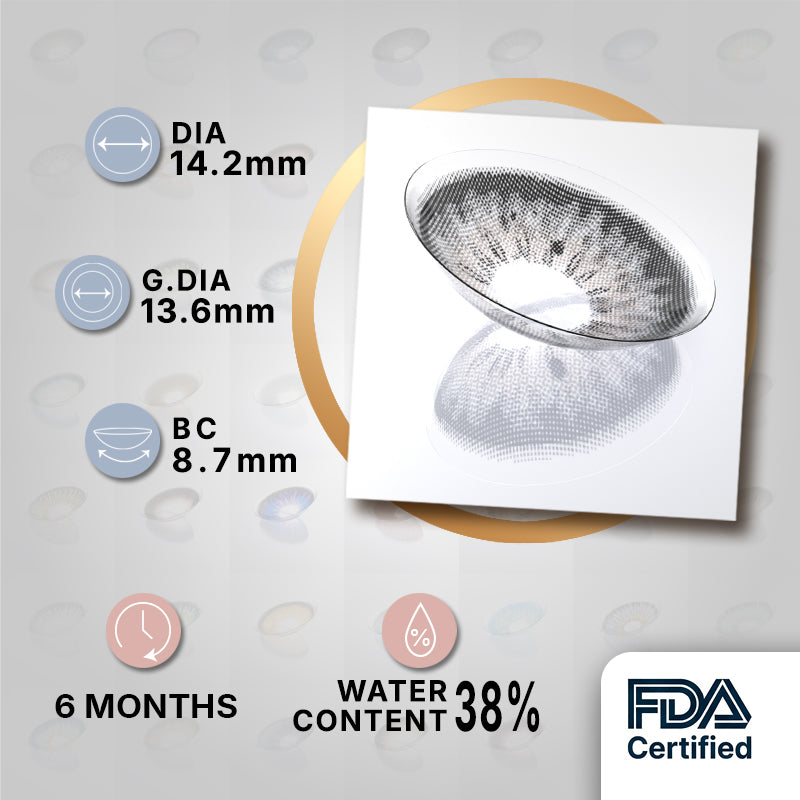 MIIEMO Halo Beige Colored Contact Lenses – Soft Natural Beige Eye Glow | 6 Months MIIEMO Halo Beige product specifications infographic showing DIA 14.2mm, GDIA 13.6mm, BC 8.7mm, 6 months wear, 38 percent water content, FDA certified