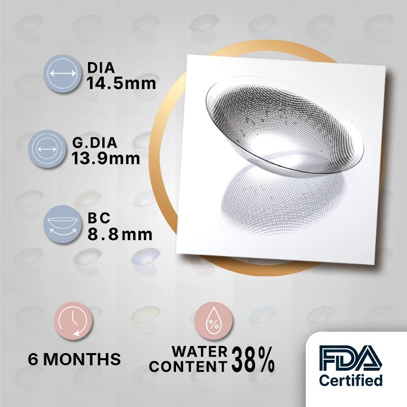 MIIEMO Cloudy Grey Hojicha product specifications infographic showing DIA 14.5mm, GDIA 13.9mm, BC 8.8mm, 6 months wear, 38 percent water content, FDA certified