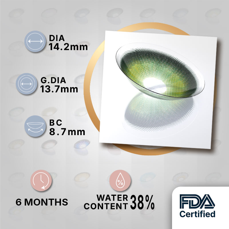 MIIEMO Forest Aura Green product specifications infographic showing DIA 14.2mm, GDIA 13.7mm, BC 8.7mm, 6 months wear, 38 percent water content, FDA certified