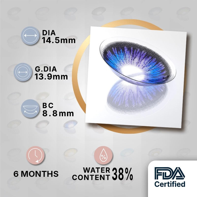 MIIEMO Nebula Violet Blue product specifications infographic showing DIA 14.5mm, GDIA 13.9mm, BC 8.8mm, 6 months wear, 38 percent water content, FDA certified