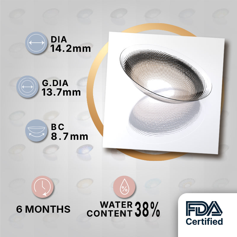 MIIEMO Halo Beige Dotted product specifications infographic showing DIA 14.2mm, GDIA 13.6mm, BC 8.7mm, 6 months wear, 38 percent water content, FDA certified