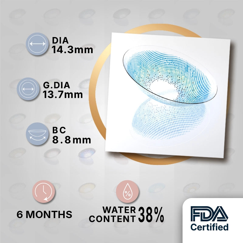 MIIEMO Sapphire Blue product specifications infographic showing DIA 14.3mm, GDIA 13.7mm, BC 8.8mm, 6 months wear, 38 percent water content, FDA certified