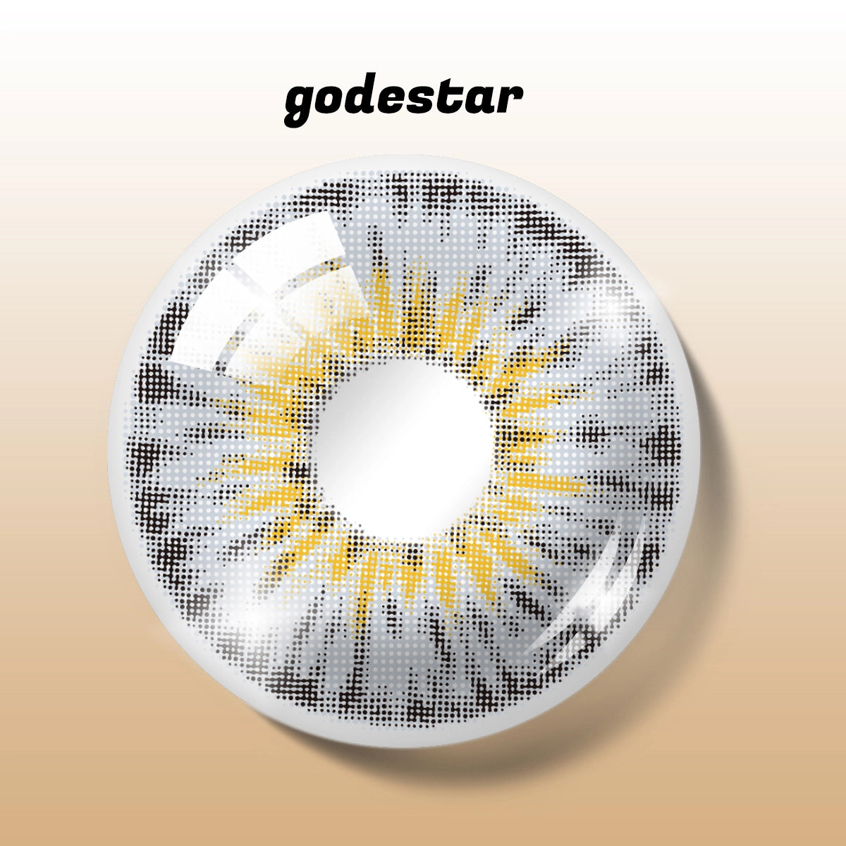 Detailed digital rendering of MIIEMO Amber Haze Cool Gray contact lens with godestar logo showing intricate amber haze pattern
