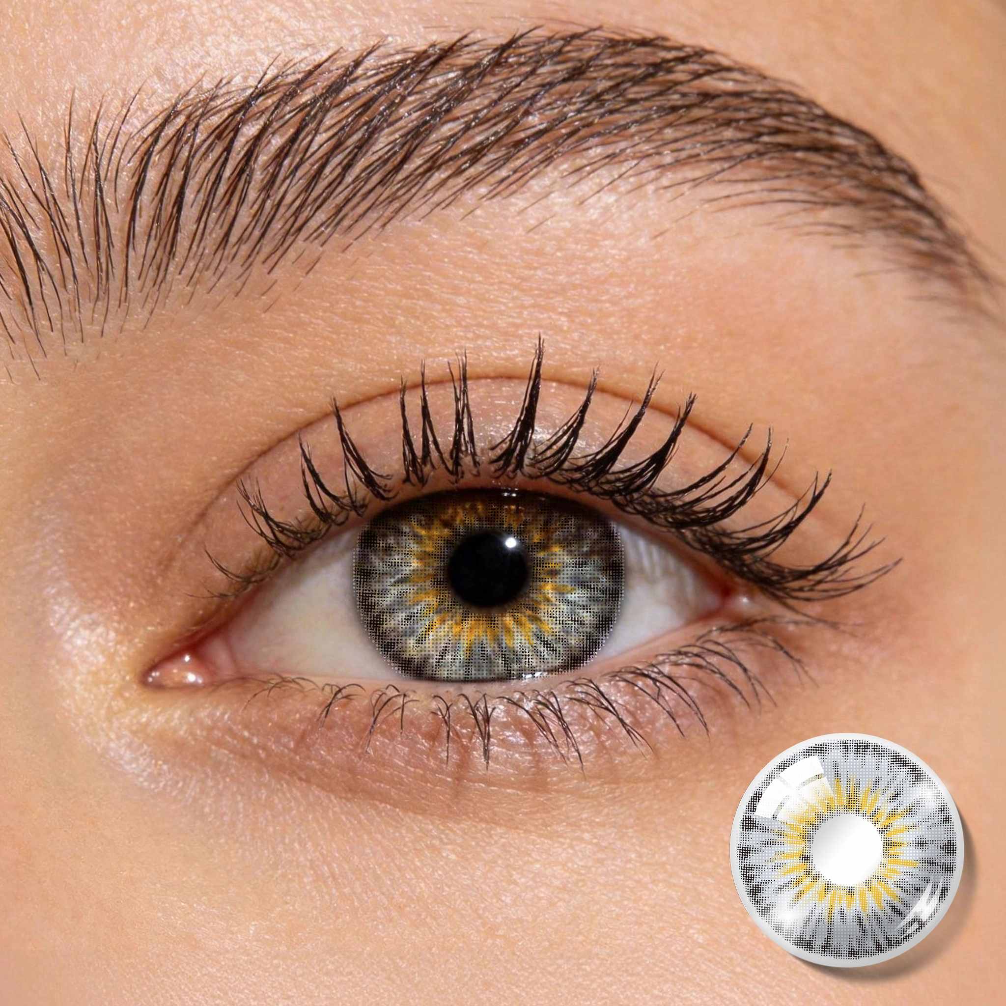 Close-up shot of an eye wearing MIIEMO Halo Grey contact lenses showing dimensional multi-tonal mixed eyes vibe