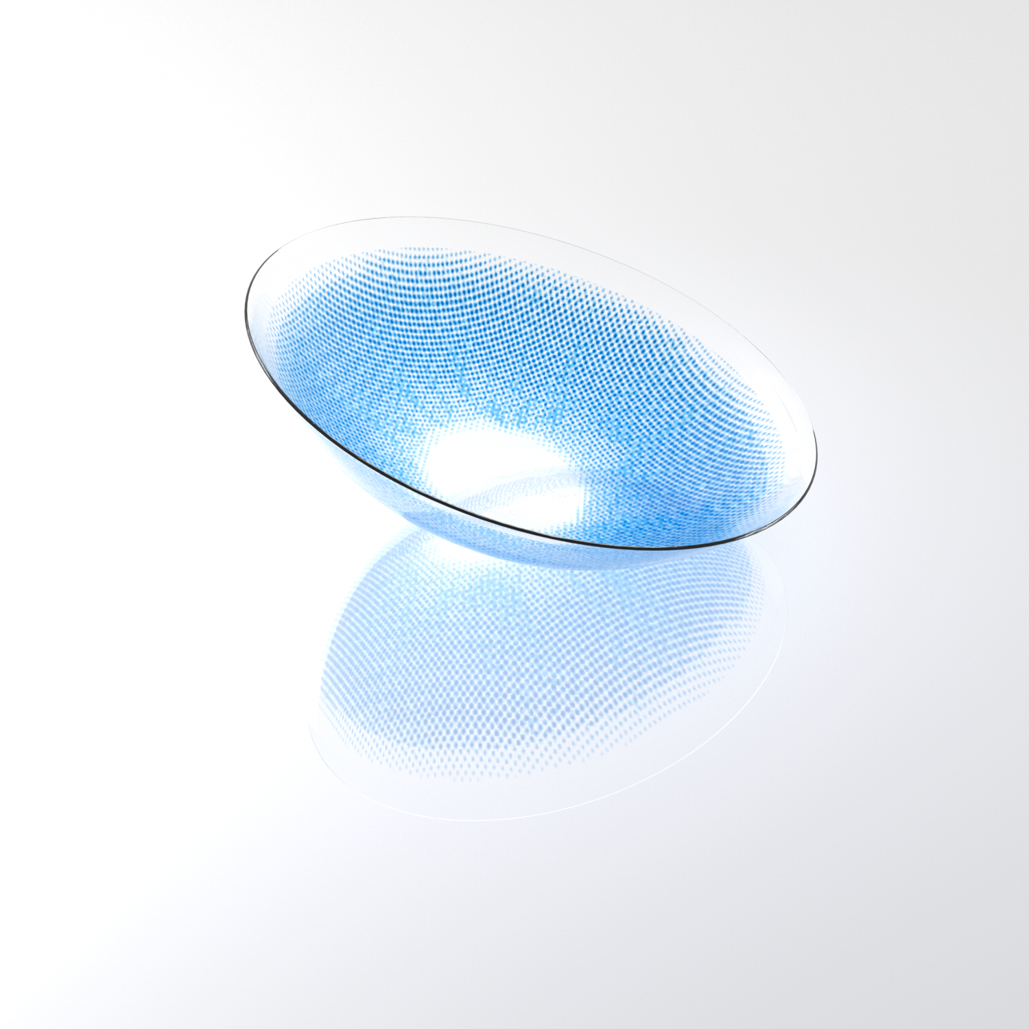 MIIEMO Natural Blue contact lens close-up on white background showing soft blue pigment diffusion and realistic base pattern