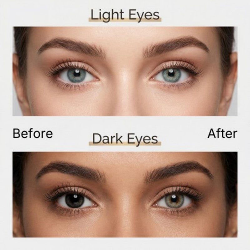 Before and after comparison of MIIEMO Natural Grey cosmetic contact lenses on naturally light eyes and dark eyes