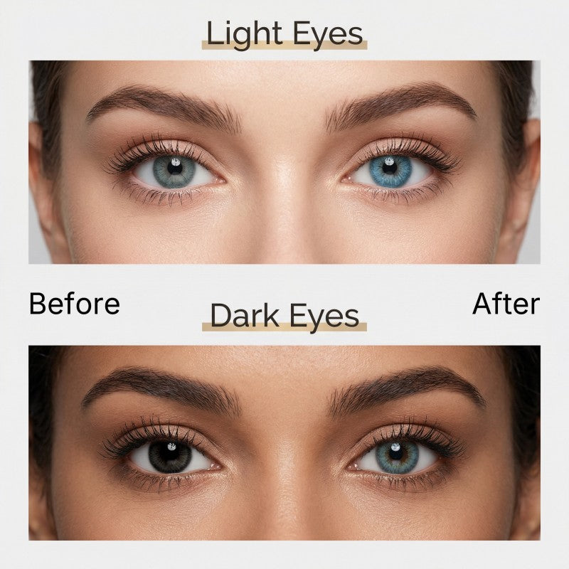 Before and after comparison of MIIEMO Natural Blue cosmetic contact lenses on naturally light eyes and dark eyes