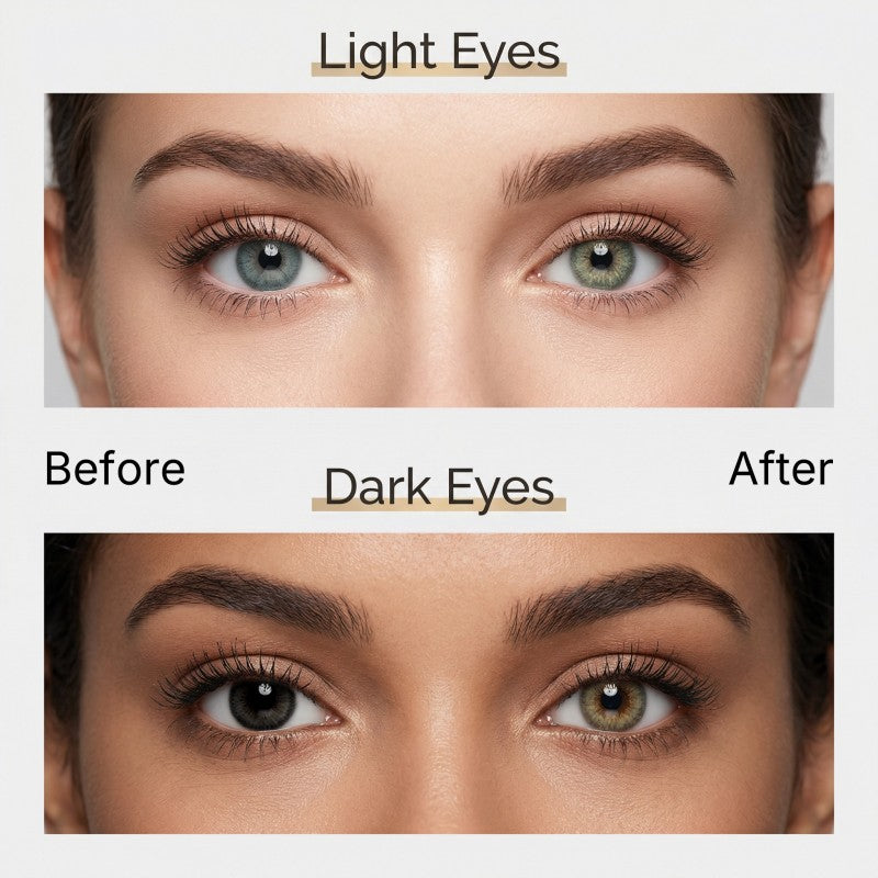 Before and after comparison of MIIEMO Natural Chocolate cosmetic contact lenses on naturally light eyes and dark eyes