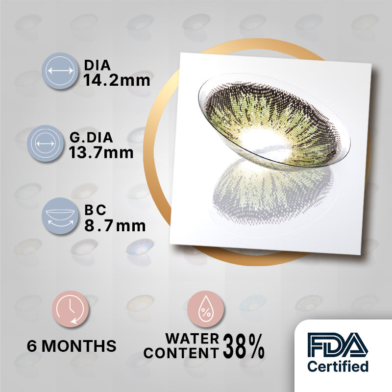 MIIEMO Olive Green Gold Feather Colored Contact Lenses | Earthy Eye Glow, 6 Months MIIEMO Olive Green Gold Feather product specifications infographic showing DIA 14.2mm, GDIA 13.7mm, BC 8.7mm, 6 months wear, 38 percent water content, FDA certified