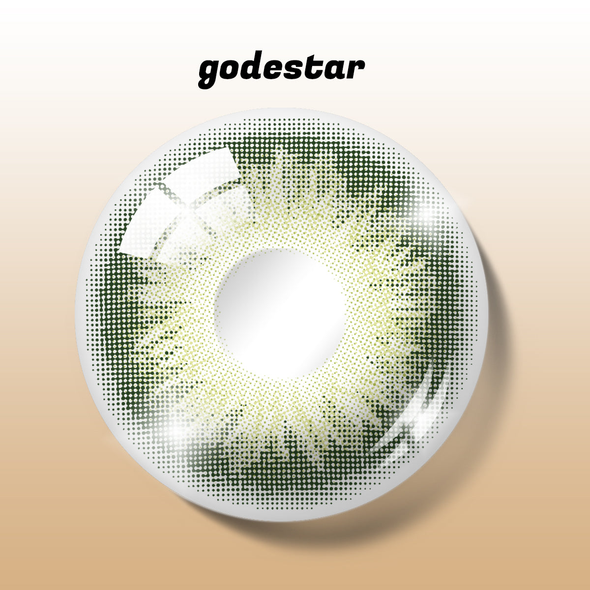 Detailed digital rendering of MIIEMO Mossy Hazel contact lens with godestar logo showing intricate green brown pattern