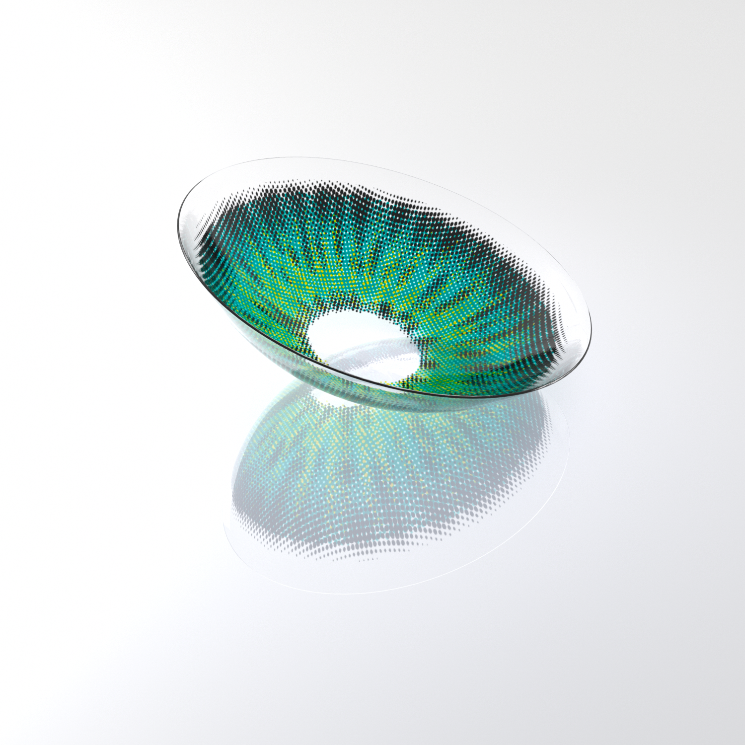 MIIEMO Teal Aura Halation contact lens close-up on white background showing dotted gradient pattern