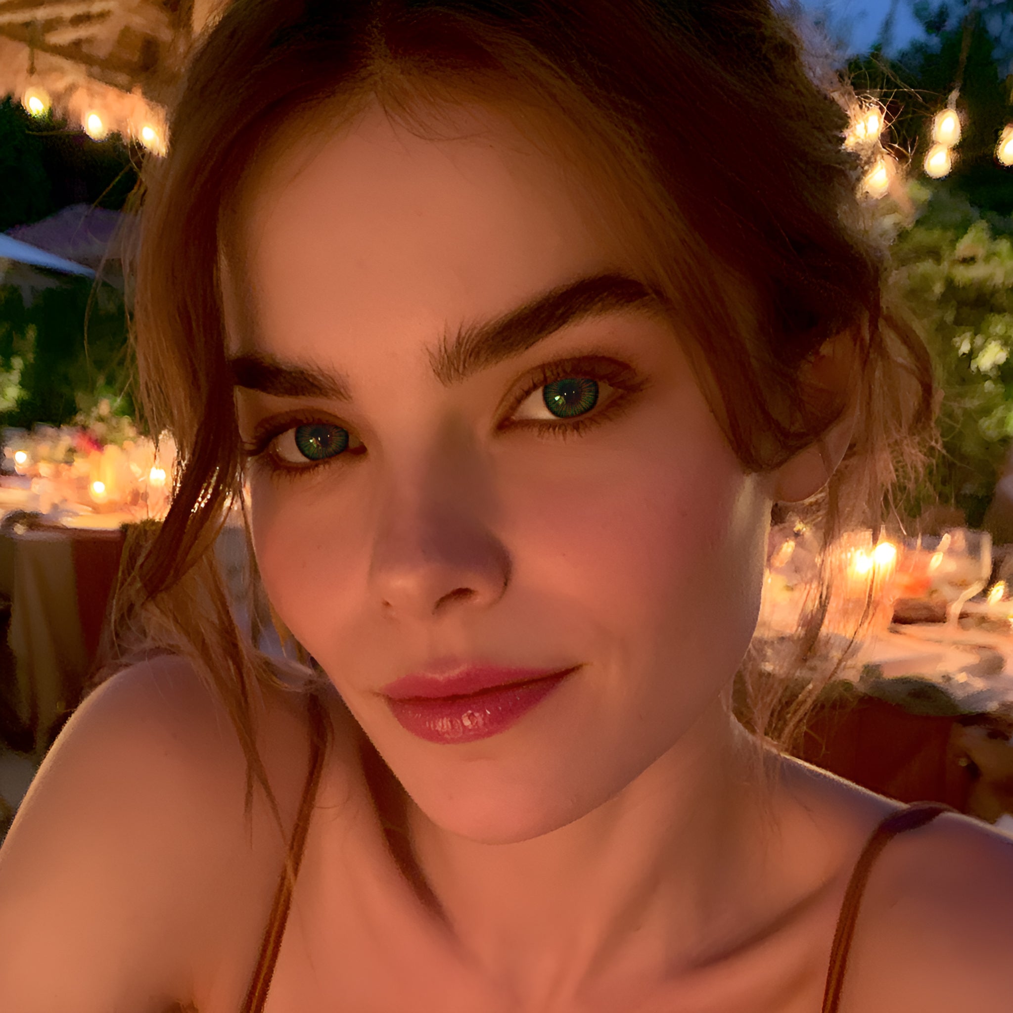 Model wearing MIIEMO Teal Aura Halation contact lenses in warm evening party ambient lighting