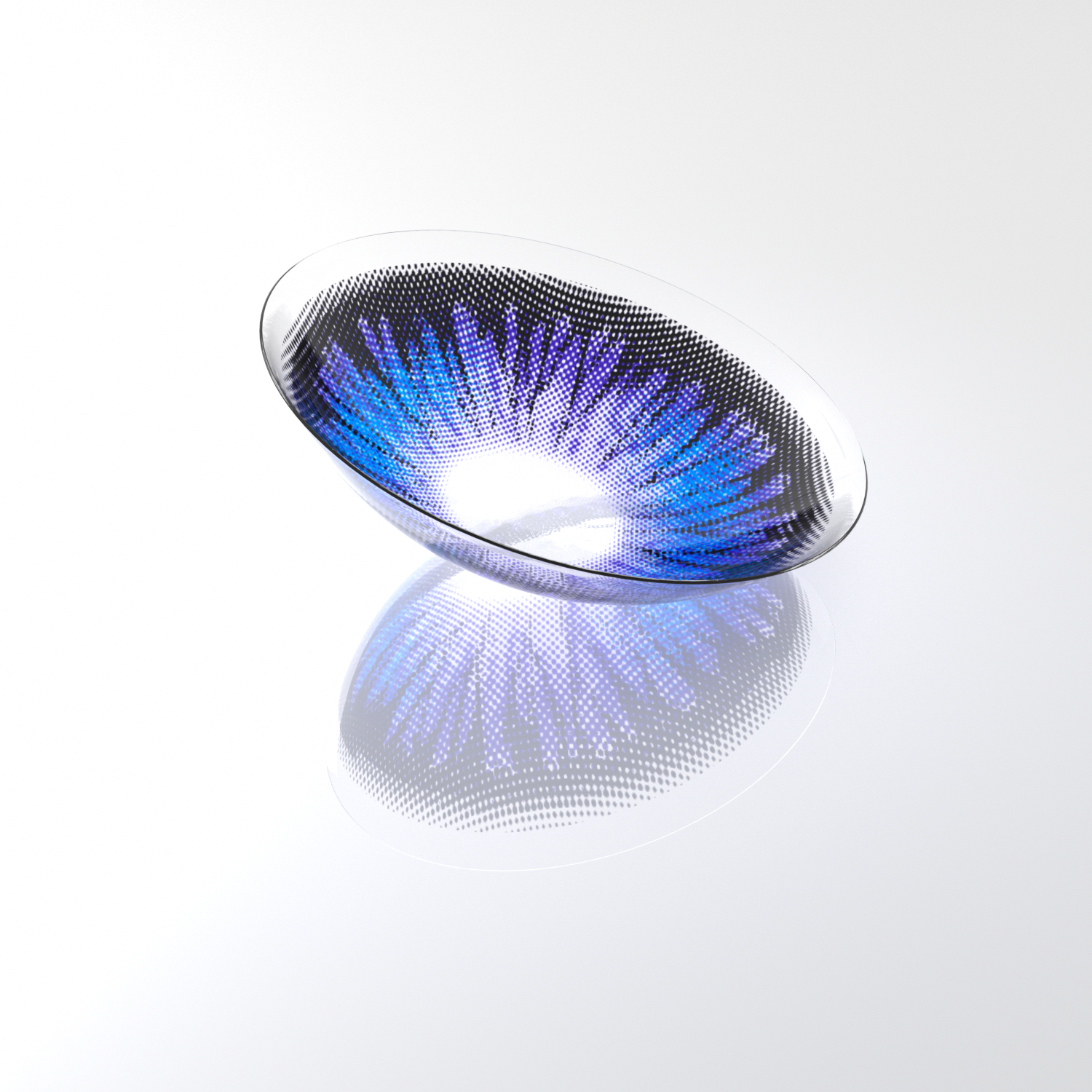 MIIEMO Nebula Violet Blue contact lens close-up on white background showing starburst gradient design