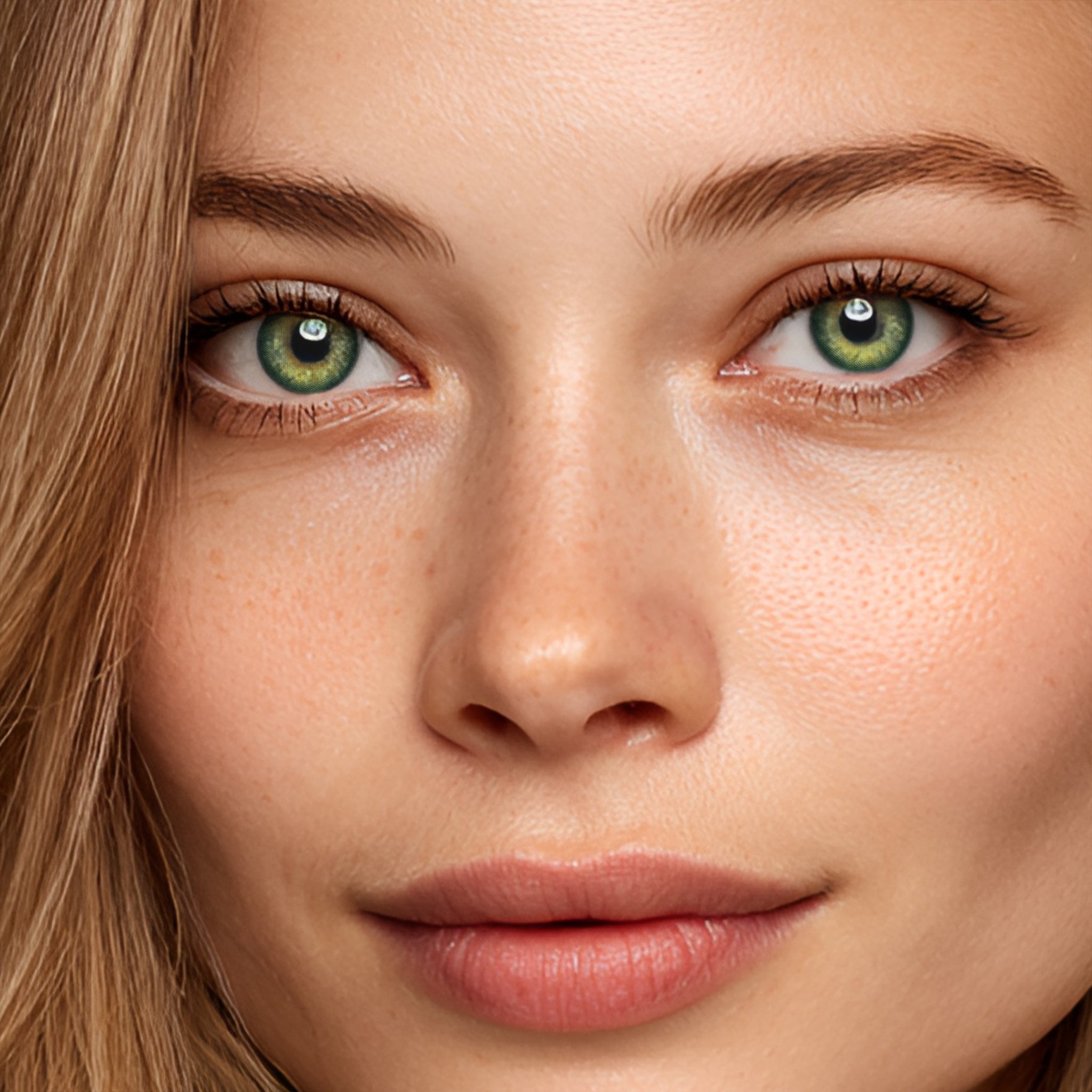 Gorgeous female model with soft aesthetic makeup wearing MIIEMO Forest Aura Green natural green colored contacts