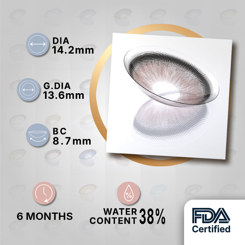 MIIEMO Marble Grey product specifications infographic showing DIA 14.2mm, GDIA 13.6mm, BC 8.7mm, 6 months wear, 38 percent water content, FDA certified