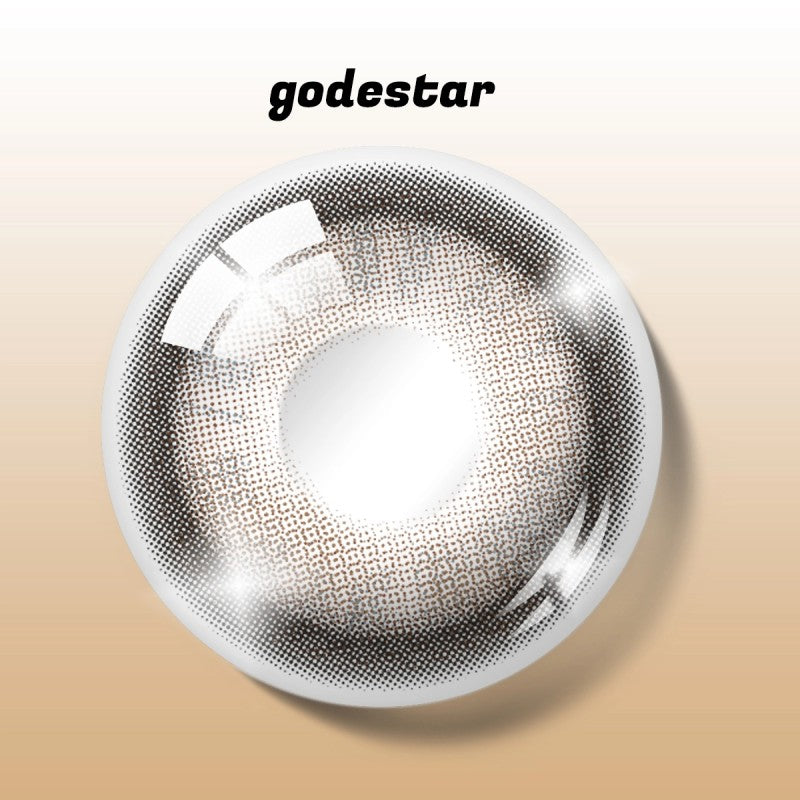 Detailed digital rendering of MIIEMO Warm Hazel Brown contact lens with godestar logo showing intricate hazel brown pattern