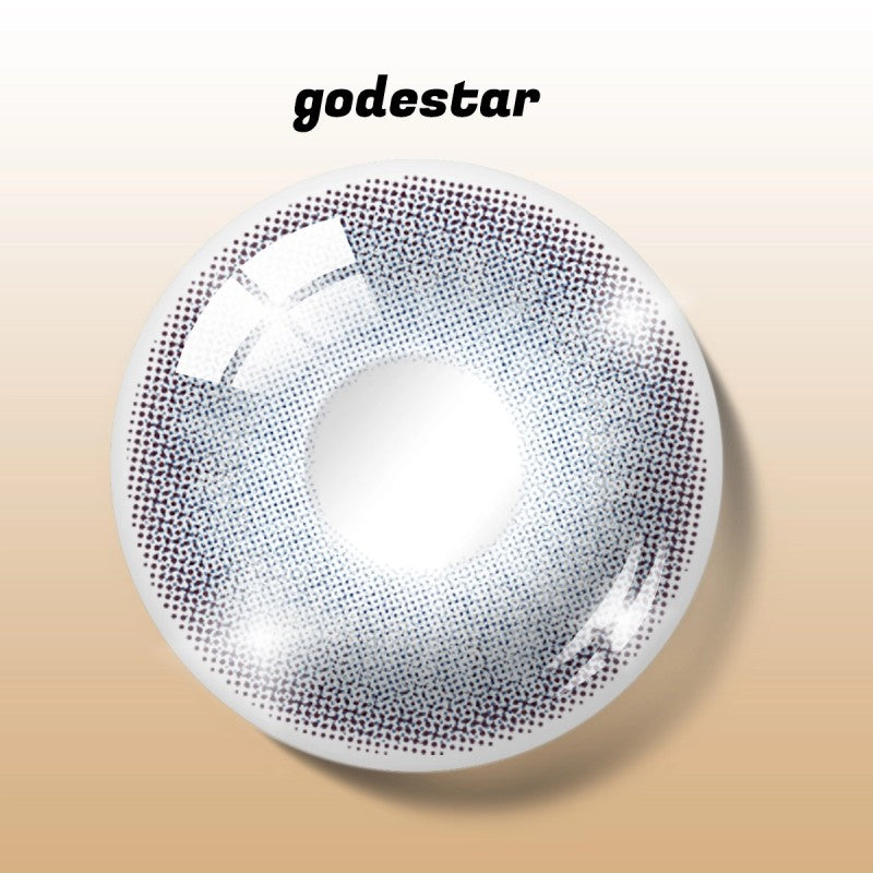 Detailed digital rendering of MIIEMO Cool Ash Gray contact lens with godestar logo showing intricate ash grey pattern
