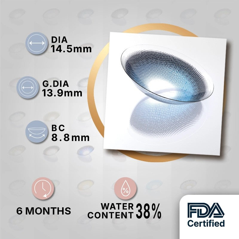 MIIEMO Ocean Mist Blue product specifications infographic showing DIA 14.5mm, GDIA 13.9mm, BC 8.8mm, 6 months wear, 38 percent water content, FDA certified