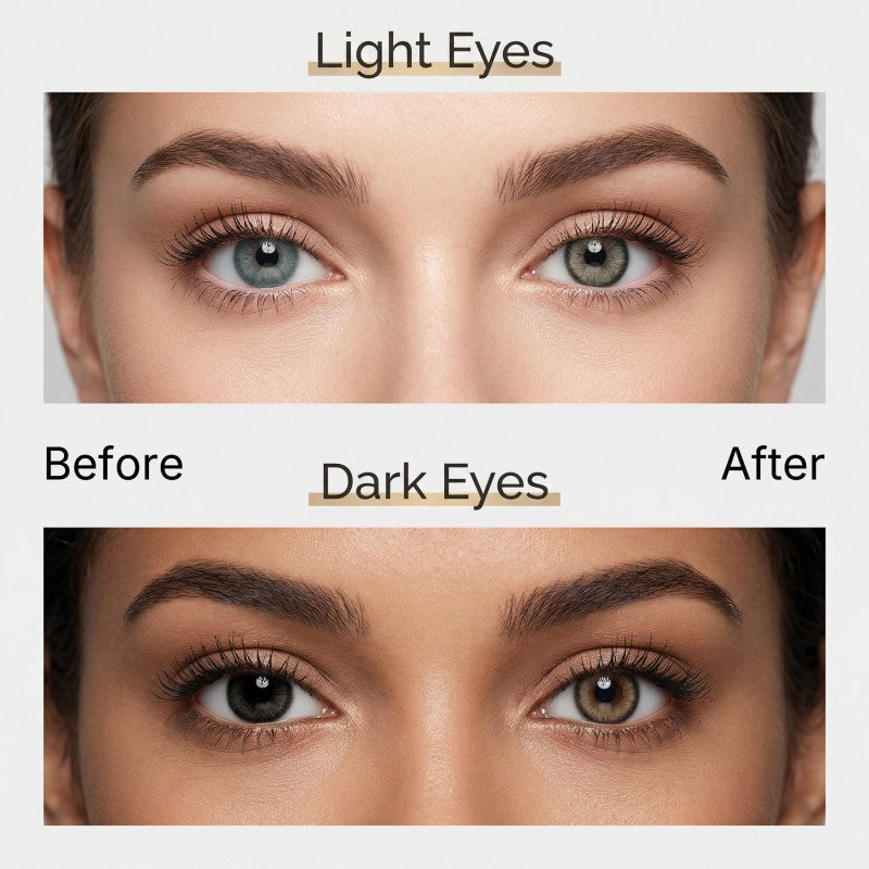 Before and after comparison of MIIEMO Warm Honey Brown cosmetic lenses on naturally light eyes and dark eyes