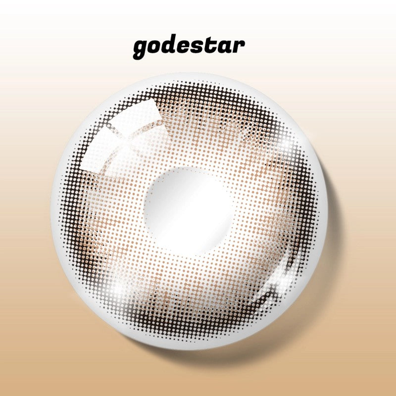 Detailed digital rendering of MIIEMO Warm Honey Brown contact lens with godestar logo showing intricate amber pattern