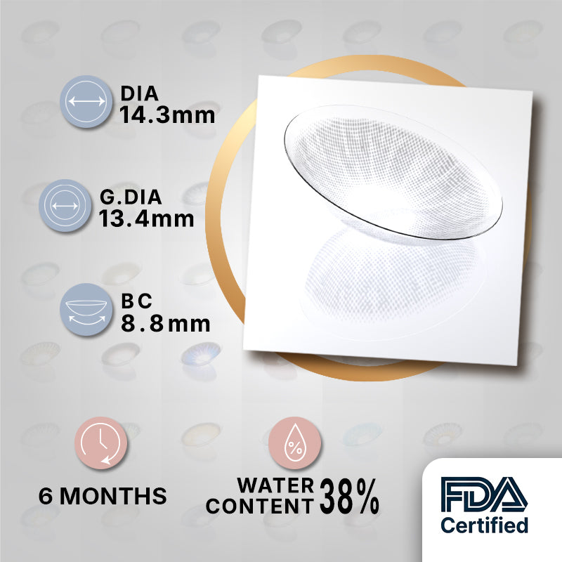 MIIEMO Lavender Violet product specifications infographic showing DIA 14.2mm, GDIA 13.5mm, BC 8.7mm, 6 months wear, 38 percent water content, FDA certified