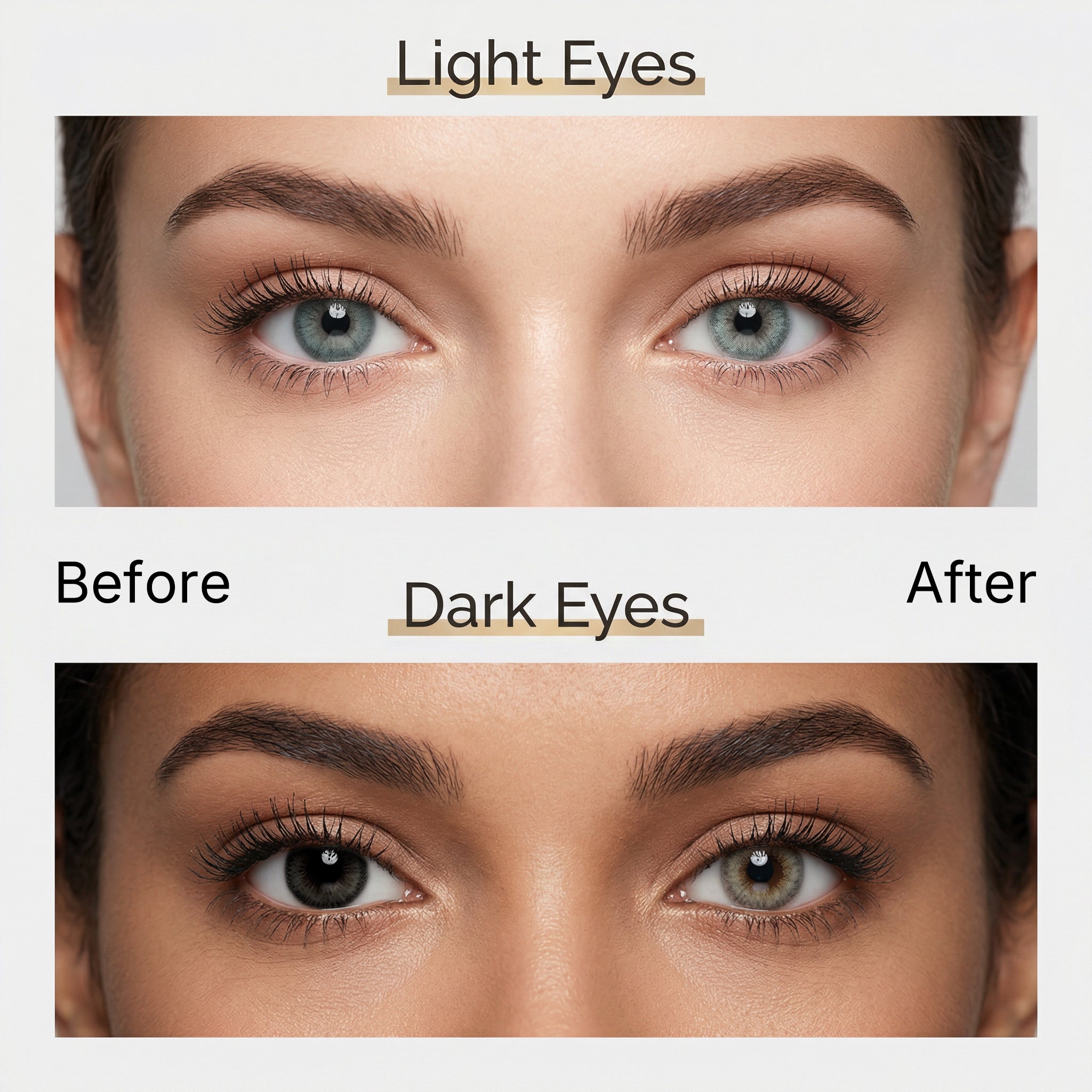 MIIEMO Aurora Grey Colored Contacts (6 Months)Before and after comparison of MIIEMO Lavender Violet cosmetic contact lenses on naturally light eyes and dark eyes
