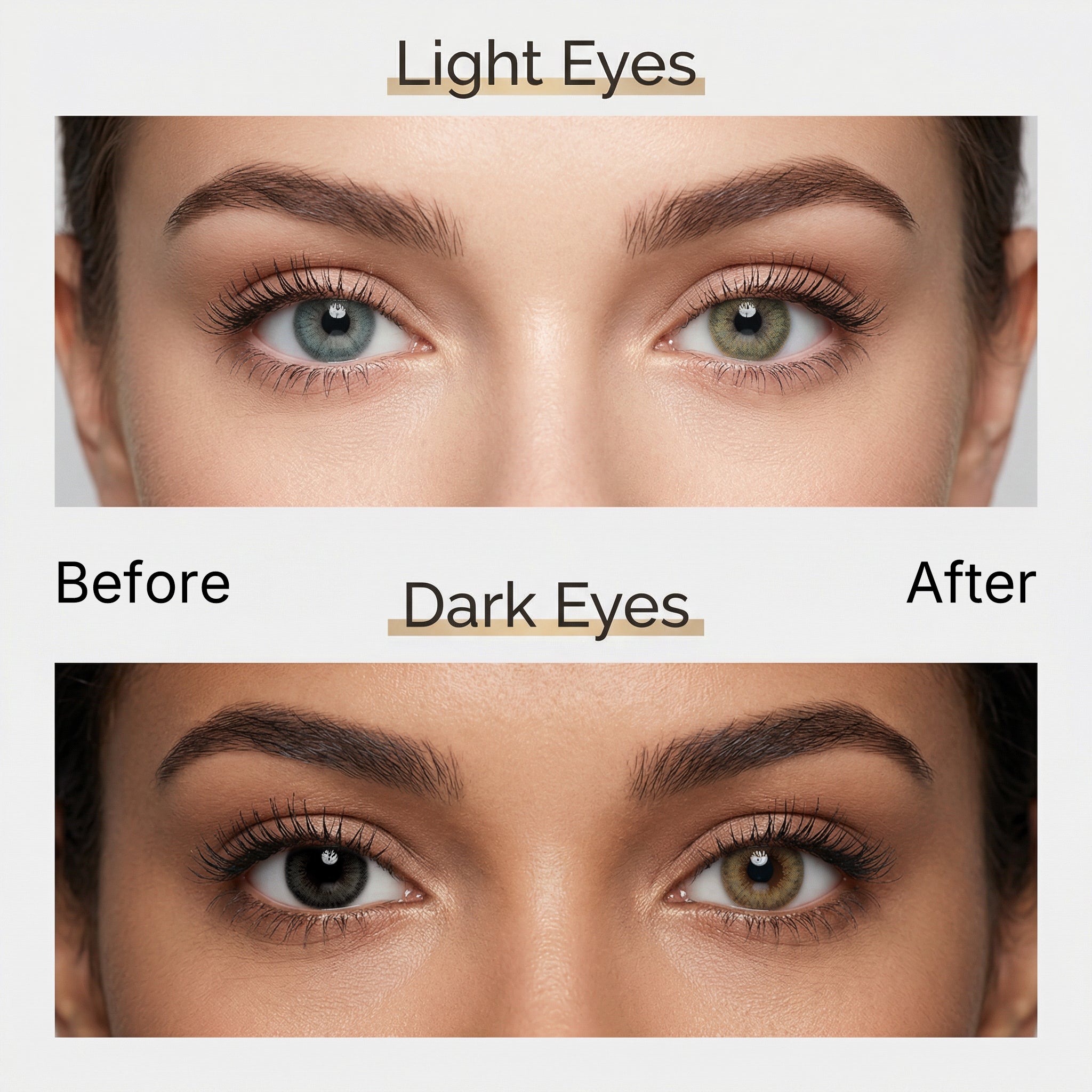 Before and after comparison of MIIEMO Cocoa Brown cosmetic contact lenses on naturally light eyes and dark eyes