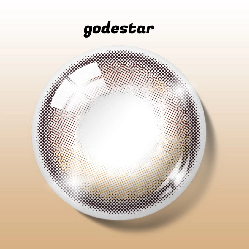 Detailed digital rendering of MIIEMO Caramel Glow contact lens with godestar logo showing intricate amber brown ring