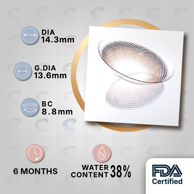 MIIEMO Pure Chocolate product specifications infographic showing DIA 14.3mm, GDIA 13.6mm, BC 8.8mm, 6 months wear, 38 percent water content, FDA certified