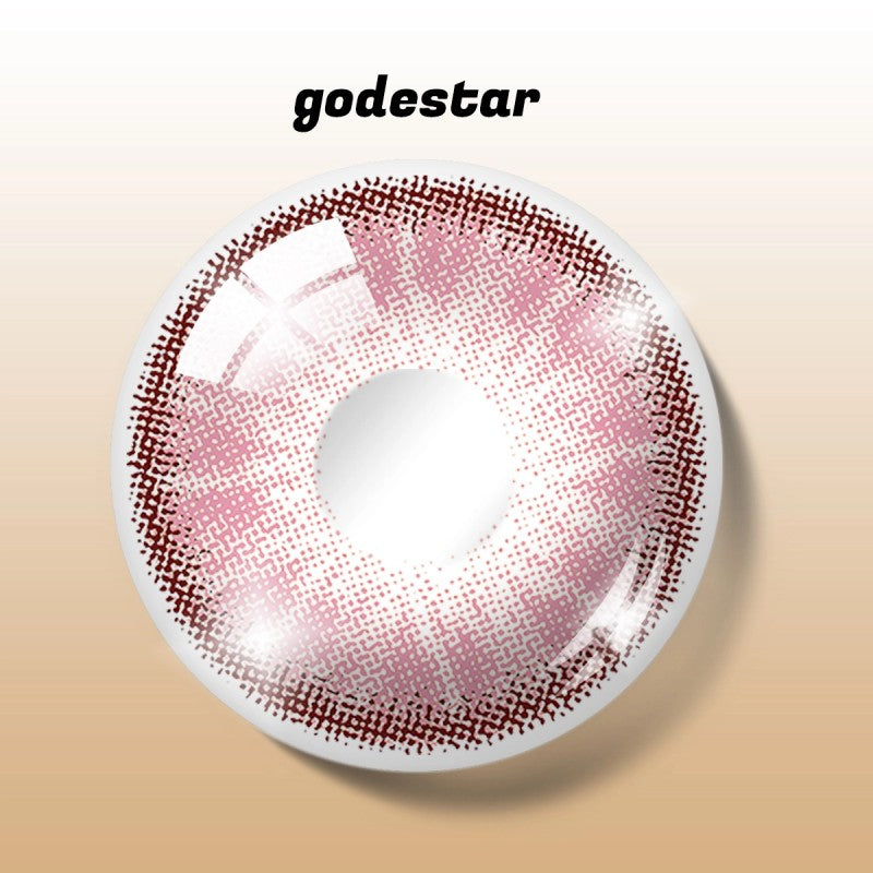 Detailed digital rendering of MIIEMO Sakura Petal contact lens with godestar logo showing intricate lavender pink ring