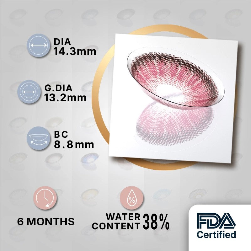 MIIEMO Sakura Petal product specifications infographic showing DIA 14.3mm, GDIA 13.2mm, BC 8.8mm, 6 months wear, 38 percent water content, FDA certified