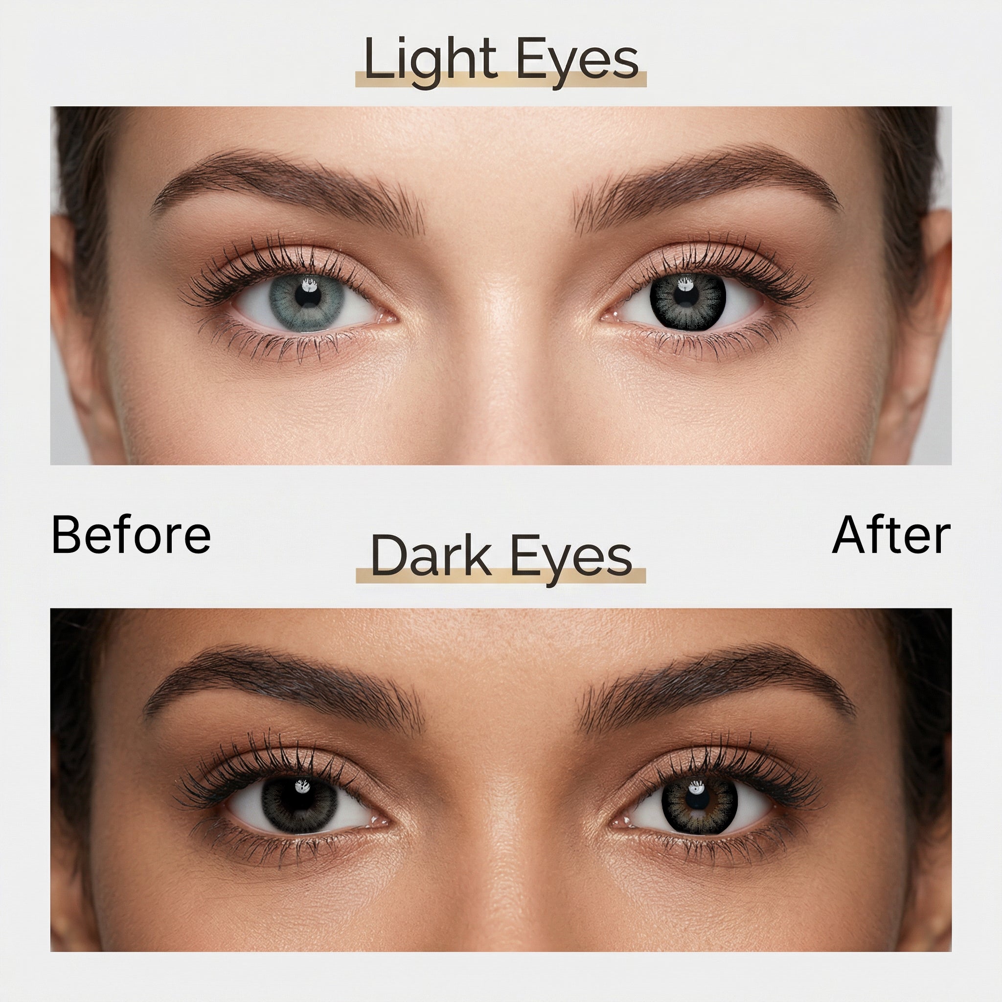 Before and after comparison of MIIEMO Graphite Grey cosmetic contact lenses on naturally light eyes and dark eyes