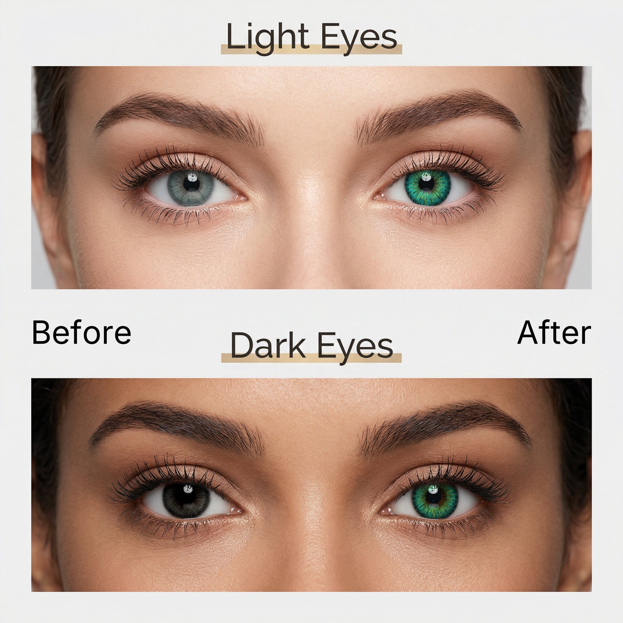 Before and after comparison of MIIEMO Teal Aura Halation cosmetic lenses on naturally light eyes and dark eyes