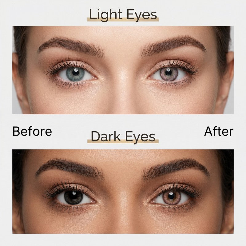 Before and after comparison of MIIEMO Sakura Petal purple colored contacts on light eyes and dark eyes