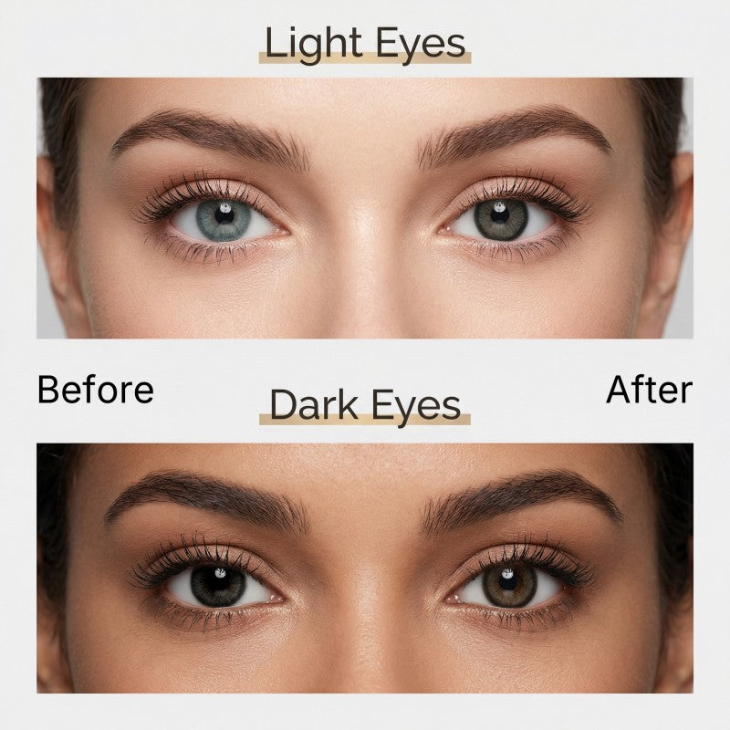 Before and after comparison of MIIEMO Halo Brown cosmetic lenses on naturally light eyes and dark eyes