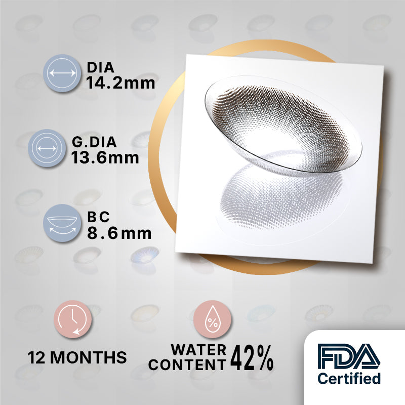 Umber Gray - Trial Pair (10 USD)Umber Gray product specifications infographic showing DIA 14.2mm, GDIA 13.6mm, BC 8.6mm, 12 months yearly wear, 42 percent water content, FDA certified
