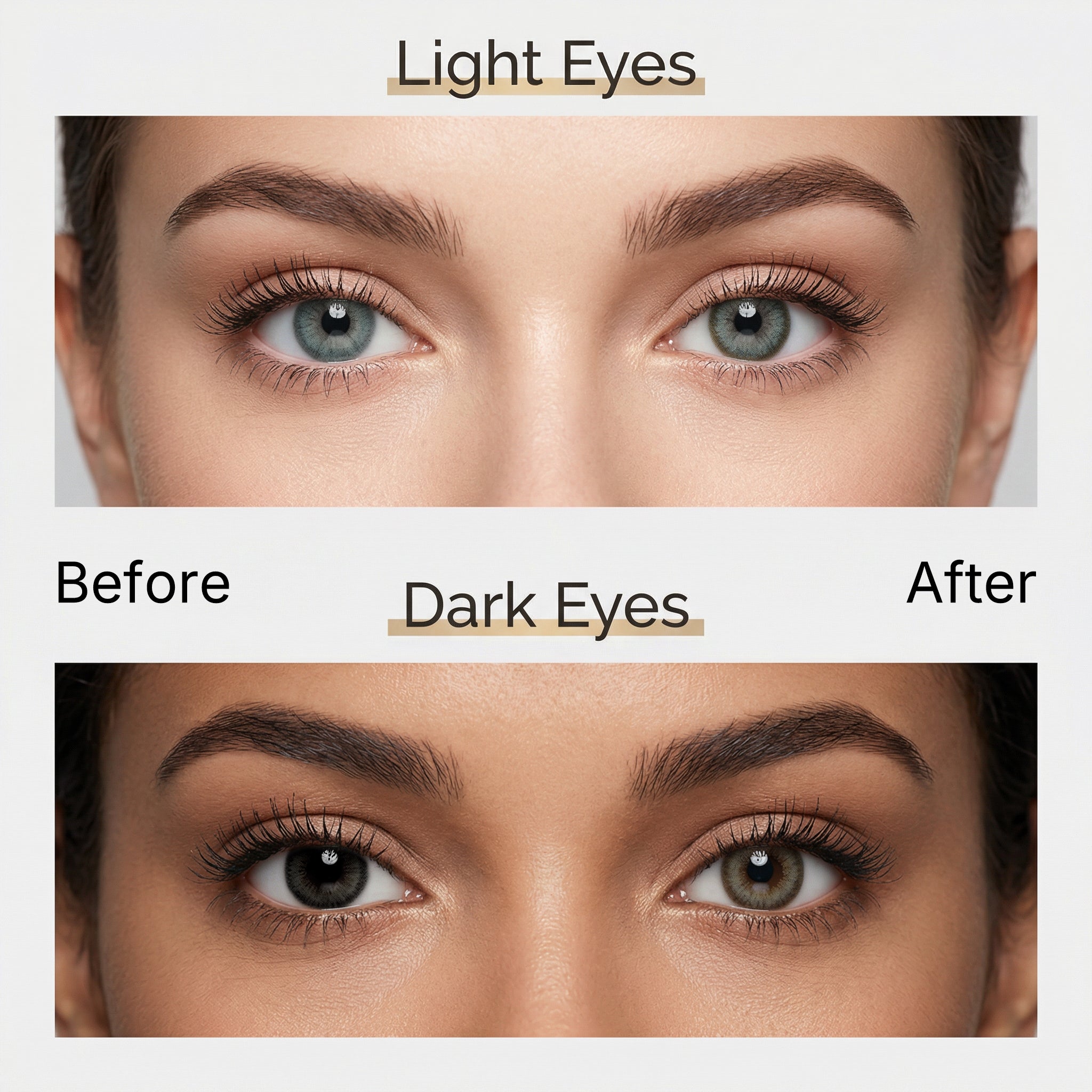 Umber Gray - Trial Pair (10 USD)Before and after comparison of Umber Gray cosmetic contact lenses on naturally light eyes and dark eyes