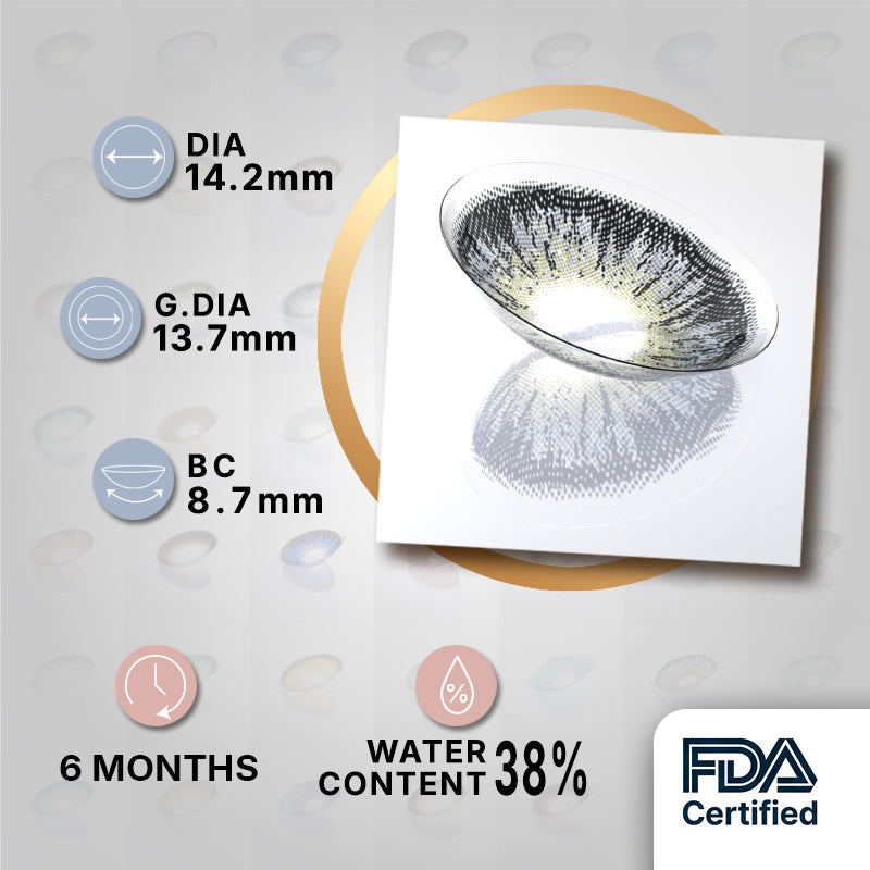 MIIEMO Ash Gray Gold Feather product specifications infographic showing DIA 14.2mm, GDIA 13.7mm, BC 8.7mm, 6 months wear, 38 percent water content, FDA certified